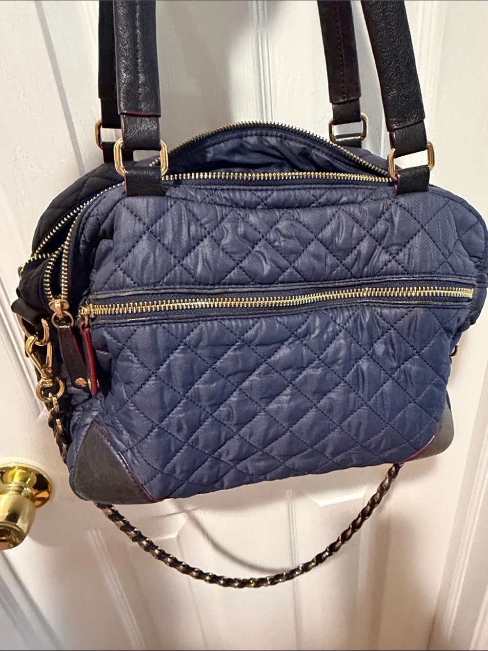 MZ Wallace Navy Quilted Shoulder Bag with Black Straps